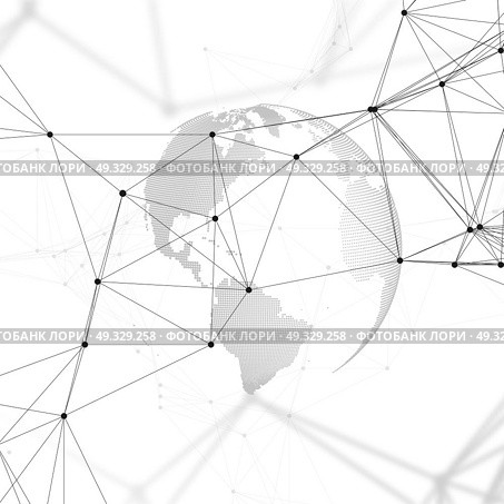Abstract futuristic background with connecting lines and dots, polygonal linear texture. World globe on white. Global network connections, geometric design, dig data technology digital concept.. Abstract futuristic background with connecting lines and dots, polygonal linear texture. World globe on white. Global network connections, geometric design, dig data technology digital concept. Стоковая иллюстрация, агентство Ingram Publishing / Фотобанк Лори
