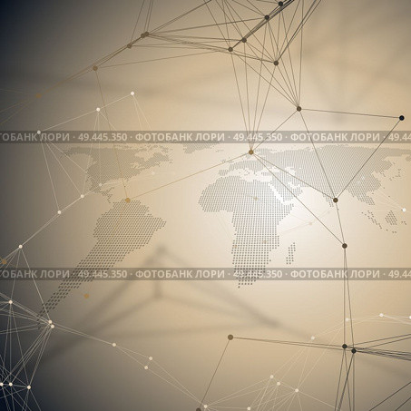 Abstract futuristic background with connecting lines and dots, polygonal linear texture. World map. Global network connections, geometric design, technology digital concept. Abstract futuristic background with connecting lines and dots, polygonal linear texture. World map. Global network connections, geometric design, technology digital concept. Стоковая иллюстрация, агентство Ingram Publishing / Фотобанк Лори
