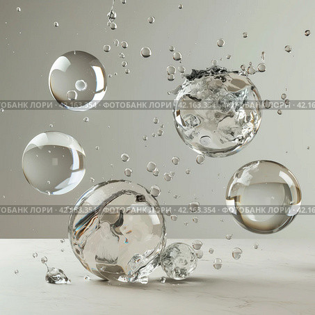 Abstract Glass Balls Shatter When Collided. Стоковое AI-изображение, AI-художник Кирилл Черезов / Фотобанк Лори