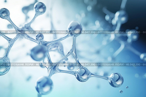 Abstract glass molecule structure reflecting light in blue and green tones. Стоковое AI-изображение, AI-художник Иван Рябоконь / Фотобанк Лори