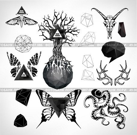 Abstract  gothic sacral illustration with polygon,  crystal design element, symbol, sign for tattoo. Стоковая иллюстрация, агентство Ingram Publishing / Фотобанк Лори