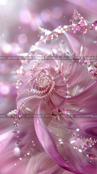 Abstract image in pink tones. The centerpiece is a spiral shape reminiscent of a flower or fractal, adorned with sparkling crystals and sparkles. The image is filled with tints and highlights, creating a feeling of depth and volume. Light and warm shades of pink create a feeling of tenderness and magic. Стоковое AI-изображение, AI-художник Анна Кривицкая / Фотобанк Лори