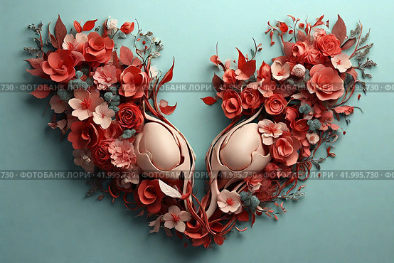 Abstract image of the uterus. female reproductive system made up of flowers and leaves. uterus conceptual image. Стоковое AI-изображение, AI-художник Васильева Юлия / Фотобанк Лори