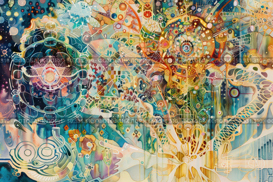 Abstract painting filled with an array of vivid colors and various shapes, creating a dynamic and visually striking composition. Стоковое AI-изображение, AI-художник Данила Большаков / Фотобанк Лори