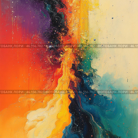 Abstract painting in the style of expressionism with an intense color palette. It resembles a cosmic nebula or an energetic explosion of color, where fiery shades (red, orange, yellow) mix with deep blue, green and cream tones. The texture of the canvas seems dense, with raised brushstrokes creating a sense of movement and lively energy. Visually, it conveys the dynamism, passion and power of nature or the universe. Стоковое AI-изображение, AI-художник Анна Кривицкая / Фотобанк Лори