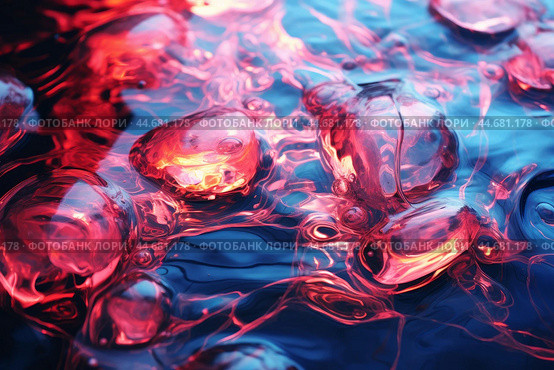 Abstract red bubbles on blue liquid surface. Стоковое AI-изображение, AI-художник Иван Рябоконь / Фотобанк Лори