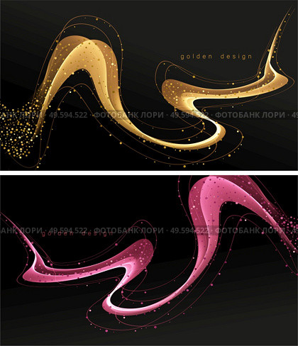 Abstract shiny color gold wave design element on dark background. Golden fluid line. Fashion flow lines for cosmetic gift voucher, website and advertising. Awarding ceremony luxury background with golden glitter sparkles. Vector design. Abstract shiny color gold wave luxury background with golden glitter sparkles. Стоковая иллюстрация, агентство Ingram Publishing / Фотобанк Лори