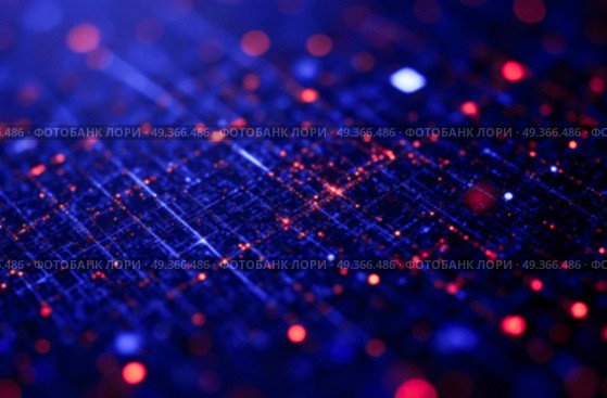 Abstract technology digital fiber optics net blue background with light spots. Стоковое AI-изображение, AI-художник Елена Серебрякова / Фотобанк Лори
