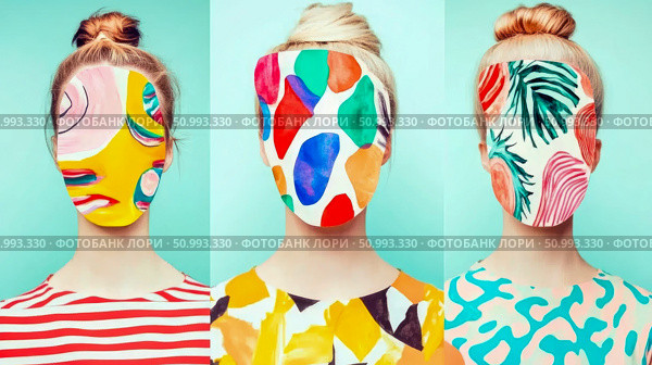 Abstract Triptych: Women with Colorful Face Masks. Стоковое AI-изображение, AI-художник Данила Большаков / Фотобанк Лори