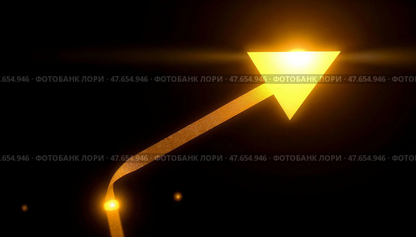 Абстрактная золотая стрелка с эффектом свечения на темном фоне для современного дизайна. Стоковое AI-изображение, AI-художник Елена Болотина / Фотобанк Лори
