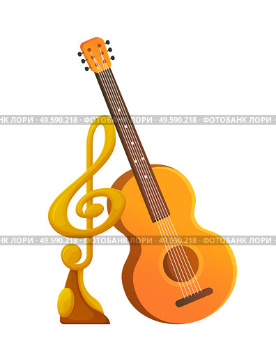 Acoustic string guitar musical instrument vector, gold award in shape of note on pedestal. Isolated trophy for winner of contest, prizes for musician. Music Award for Singer, Acoustic Guitar Instrument. Стоковая иллюстрация, агентство Ingram Publishing / Фотобанк Лори