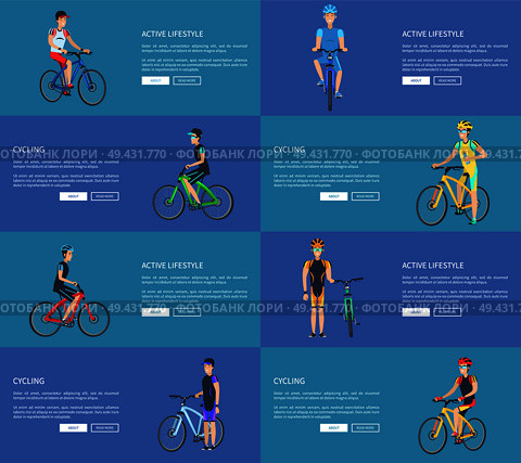 Active lifestyle posters with man in elastic clothes, solid helmet, sport glasses that rides bicycle vector illustrations set on blue background.. Active Lifestyle Posters Set with Man on Bicycle. Стоковая иллюстрация, агентство Ingram Publishing / Фотобанк Лори