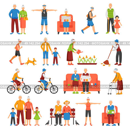 Active Old People Set. Set of isolated senior people and their family faceless characters doing leisure sport or household activities vector illustration. Стоковая иллюстрация, агентство Ingram Publishing / Фотобанк Лори
