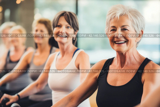 Active Senior Women Participating in Fitness Training and Smiling Together in Gym Workout Class. Стоковое AI-изображение, AI-художник Оксана Гильман / Фотобанк Лори
