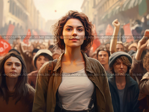 Activists rally together in a city street, raising signs and voices for social change during a powerful demonstration. Generative AI. Стоковое AI-изображение, AI-художник Екатерина Красникова / Фотобанк Лори