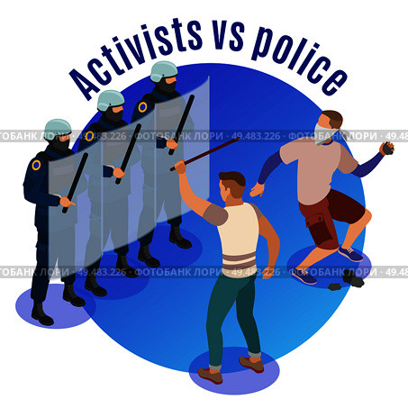 Activists vs police round background with radicals attacking police officers defending with shields isometric vector illustration. Стоковая иллюстрация, агентство Ingram Publishing / Фотобанк Лори