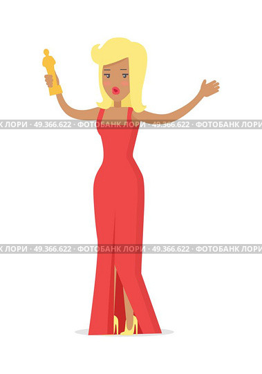 Actress Superstar. Talented Woman Gets Oscar Award. Actress superstar. Talented woman gets oscar award isolated on white. Famous female young girl in luxury red dress. Flat vector icon. Unique talent show picture graphic art. Vector illustration. Стоковая иллюстрация, агентство Ingram Publishing / Фотобанк Лори