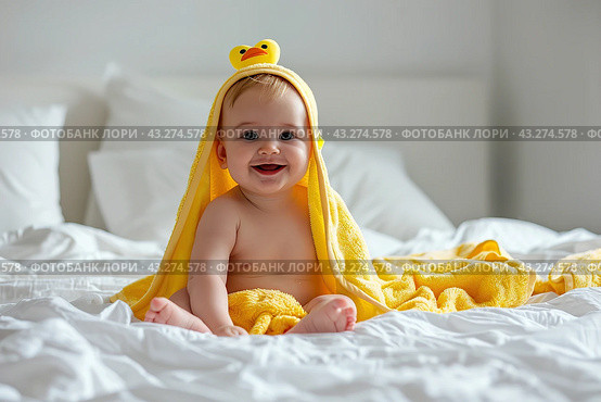 Adorable Baby Boy Lying Under Yellow Hooded Towel after Bath. Cute little Toddler Playing after Bathing in Bed. Blond Hair Child Fooling, Grimacing, Making Face. Close Up. Kid Smiling happily, daytime. Стоковое AI-изображение, AI-художник Марина Демидюк / Фотобанк Лори