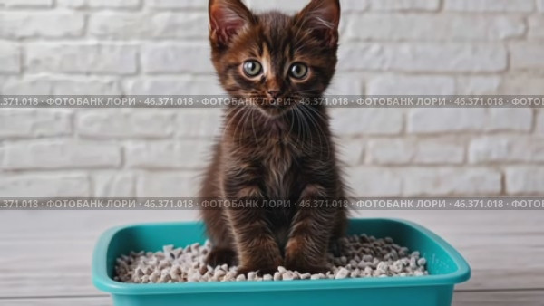 Adorable grey little kitten sitting inside a litter box. Pet care. Domestic Cat looking at litterbox in a living room. Hygiene for pets. Feline wants to go to the toilet. Accustoming kittens to toilet. Стоковое AI-видео, аниматор Марина Демидюк / Фотобанк Лори