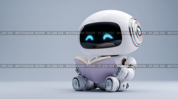 Adorable robot with large eyes reading a book in a minimalist space. Стоковое AI-изображение, AI-художник Zakharova Natasha / Фотобанк Лори