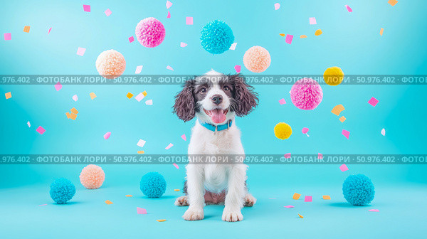 Adorable Springer Spaniel Puppy amidst Colorful Pom-Poms and Confetti. Стоковое AI-изображение, AI-художник Данила Большаков / Фотобанк Лори