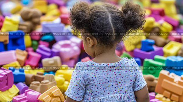 Adorable young child with two pigtails gazing at a vibrant collection of colorful building blocks, an emblem of playful learning and early childhood development for educational promotion. Стоковое AI-изображение, AI-художник Данила Большаков / Фотобанк Лори