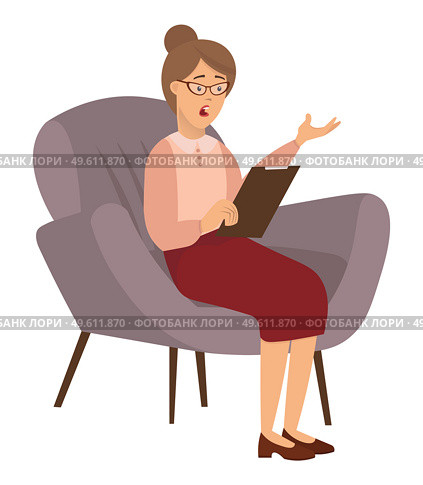 Adult woman is sitting on a chair. Psychotherapist with notepad in hand writes down and asks question. Female character is sitting on a soft chair isolated on white background vector illustration. Adult woman is sitting on chair. Psychotherapist with notepad in hand writes down and asks question. Стоковая иллюстрация, агентство Ingram Publishing / Фотобанк Лори