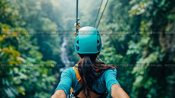 Adventure time: Woman on zipline above a lush forest - Explore tropical nature with thrilling outdoor activity. Стоковое AI-изображение, AI-художник Данила Большаков / Фотобанк Лори