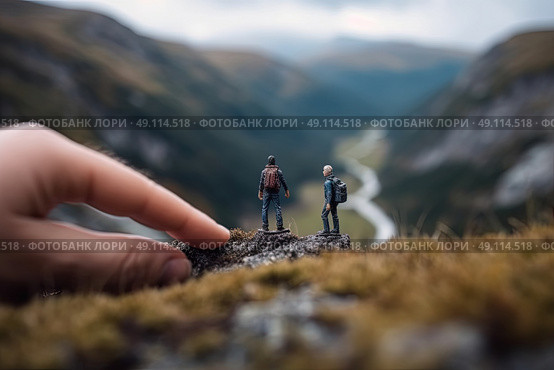 Adventure with two miniature figures standing on the edge of a canyon, subtly manipulated to appear as intrepid explorers surveying the expansive landscape at dusk. Стоковое AI-изображение, AI-художник Данила Большаков / Фотобанк Лори