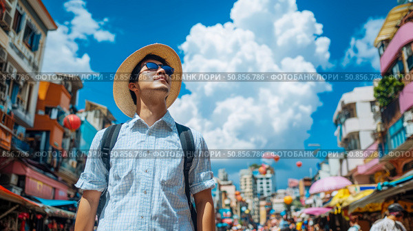 Adventurous Explorer Gazer, Captivated by Urban Vistas and Azure Sky. Стоковое AI-изображение, AI-художник Данила Большаков / Фотобанк Лори