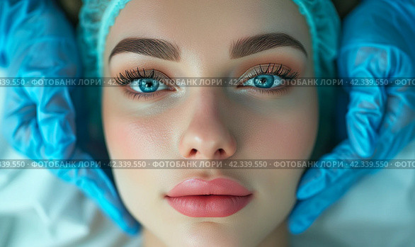 Advertising of face contour correction, skin lifting. Facial rejuvenation concept, cosmetology, aesthetic medicine. Стоковое AI-изображение, AI-художник Alexander Tihonovs / Фотобанк Лори