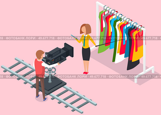 Advertising video production. Film crew creating professional advertisement of new collection of womens clothing. Videography, tv commercial promotion. Online store video blogging, web television. Film crew creating professional advertisement of new collection of womens clothing, video blogging. Стоковая иллюстрация, агентство Ingram Publishing / Фотобанк Лори