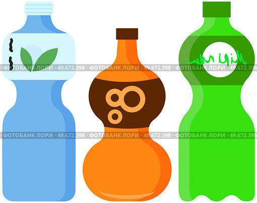 Aerated sweet drink, sparkling fruit-flavored beverage. Set of plastic bottles with lemonades, fizzy drinks. Sweet soft drink, carbonated liquid. Soda vector illustration. Aerated sweet drink, sparkling fruit-flavored beverage. Set of plastic bottles with lemonades. Стоковая иллюстрация, агентство Ingram Publishing / Фотобанк Лори