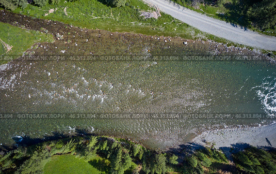 Aerial drone photo of Altai river Bashkaus. Camera looks down. Стоковое фото, фотограф Сергей Пристяжнюк (Serg Zastavkin) / Фотобанк Лори