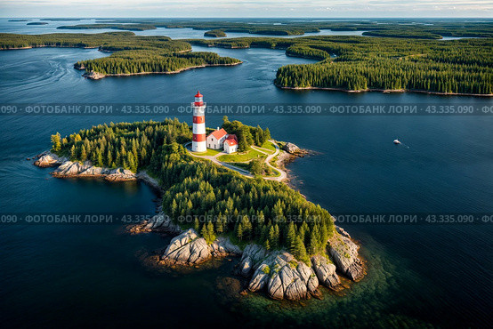Aerial view landscape of archipelago of islands with lighthouse in Gulf of Finland, skyline at blue sky background. Amazing natural wild scenery view of Scandinavian nature. Copy ad text space. Стоковое AI-изображение, AI-художник Aleksandr Golubev / Фотобанк Лори