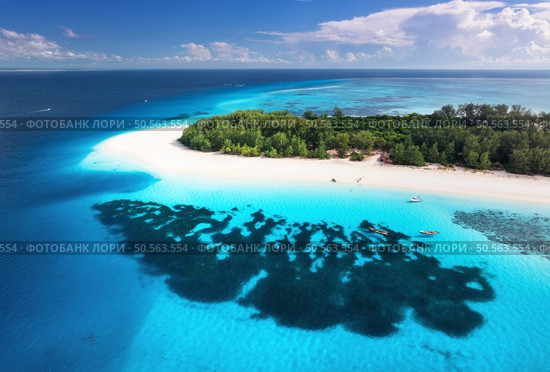 Aerial view of blue sea and amazing Mnemba island, Zanzibar. Top view of white sandy beach, green trees, palms, ocean with clear azure water on summer sunny day. Tropical landscape. Exotic. Travel. Стоковое фото, агентство Ingram Publishing / Фотобанк Лори