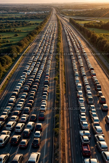 Aerial view of cars on road highway in traffic jam at sunset background. Traffic jam rush hour, cars in line, bumper to bumper, stuck in traffic at dusk. Urban transport concept. Copy ad text space. Стоковое AI-изображение, AI-художник Aleksandr Golubev / Фотобанк Лори