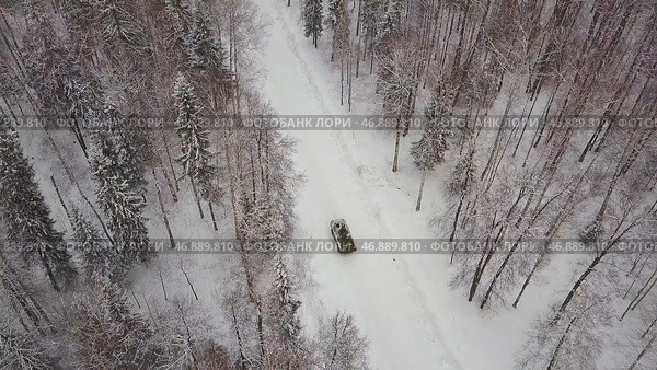 Aerial view of tank driving through the winter forest. Стоковое фото, фотограф David Kashakhi / Фотобанк Лори