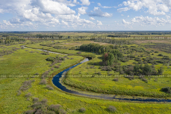 Aerial view of the Kargat River in summer, forests, swamps and boundless expanses of Siberia. Стоковое фото, фотограф Сергей Фролов / Фотобанк Лори