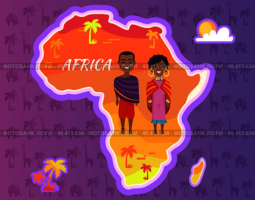 Africa continent vector with african people in national cloth, afro-american man and woman on background of map with palms on seamless pattern. Africa Continent Vector African People National. Стоковая иллюстрация, агентство Ingram Publishing / Фотобанк Лори