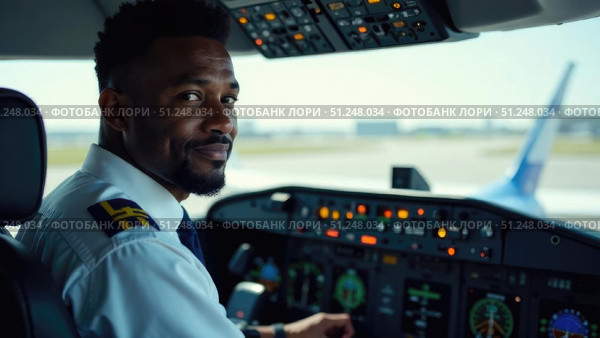 African-American airline captain in cockpit with headset on. Authoritative yet approachable expression with text space for safety instructions or promotions. Стоковое AI-изображение, AI-художник Светлана Леуто / Фотобанк Лори