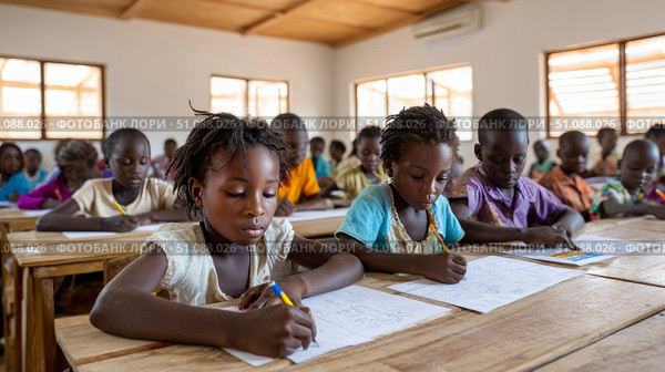 African children learning mathematics with large, colorful posters in a classroom filled with natural light. Black African children from disadvantaged families study in school, read books, receive primary education, volunteer service. Стоковое AI-изображение, AI-художник ALLA YURTAYEVA / Фотобанк Лори