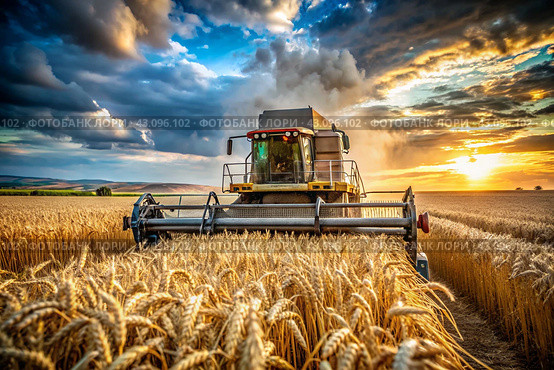 Agricultural machinery. Agricultural industry. The combine harvester removes golden ears of ripe wheat against the background of a ripening field. The concept of planting and harvesting a rich harvest. Rural landscape at sunset. Стоковое AI-изображение, AI-художник Photojuli / Фотобанк Лори