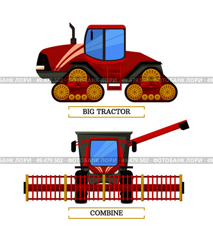 Agricultural machinery set, cartoon vector banner. New technique, big tractor on caterpillar band, combine with wide reaper and other tools isolated. Agricultural Machinery Set, Cartoon Vector Banner. Стоковая иллюстрация, агентство Ingram Publishing / Фотобанк Лори