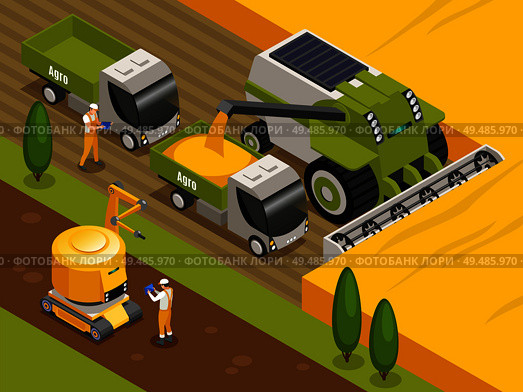Agricultural robots isometric composition with automated remote controlled combine harvester threshers working in wheat field vector illustration. Стоковая иллюстрация, агентство Ingram Publishing / Фотобанк Лори