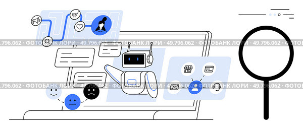 AI chatbot interacting with users online through various communication channels on a laptop screen, accompanied by emoticons and search icons. Ideal for customer service, technology, AI, digital. AI chatbot interacting with users online through various communication channels on a laptop screen. Стоковая иллюстрация, агентство Ingram Publishing / Фотобанк Лори