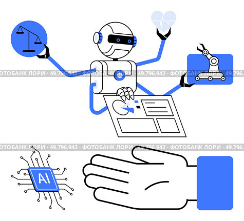 AI robot with multiple arms holds symbols of justice scales, medical heart, industrial robot, documents, and AI chip. Ideal for technology, AI, robotics legal tech healthcare industry 4.0. Multifaceted AI Robot Engaged in Legal, Medical, Industrial, and Technological Activities. Стоковая иллюстрация, агентство Ingram Publishing / Фотобанк Лори