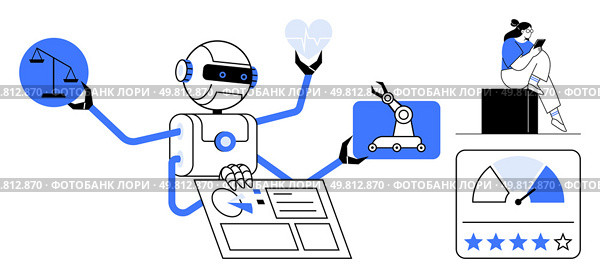 AI robot with multiple arms managing justice scales, health data, automation, and user ratings while a person interacts via tablet. Ideal for technology, AI, automation, health, justice user. AI Robot Multitasking in Various Fields Including Health, Justice, and Automation with User Interaction. Стоковая иллюстрация, агентство Ingram Publishing / Фотобанк Лори