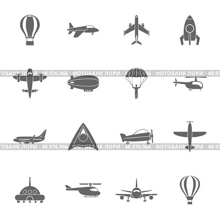 Aircraft dirigible and hot air balloon travel pictograms collection with spacecraft rocket abstract black isolated vector illustration. Стоковая иллюстрация, агентство Ingram Publishing / Фотобанк Лори