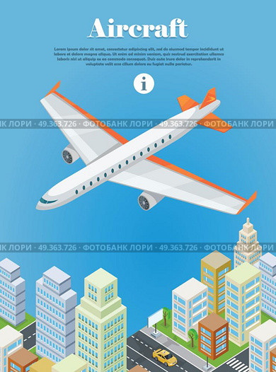 Aircraft Flying Over the City Web Banner. Vector. Aircraft flying over the city web banner. Aircraft machine. Airplane. Air travel concept flying plane. Transportation touristic aircraft. Aviation aircraft in clouds. Journey on airplane. Vector. Стоковая иллюстрация, агентство Ingram Publishing / Фотобанк Лори